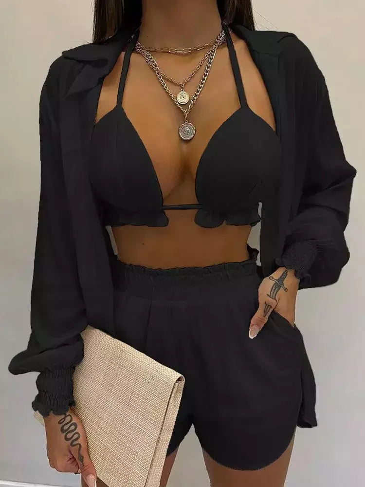 Fato de banho feminino de três peças, moda praia sexy, biquíni de cintura alta, maiô estampado, shorts para cobrir, moda praia de verão, novo 2024