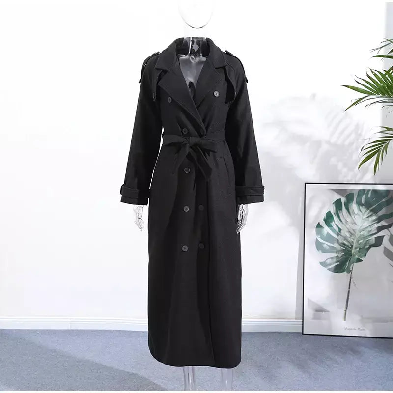 Trench coat maxi oversized feminino com lapela entalhada com cinto duplo breasted vintage streetwear 2025 tendência casual casacos diários