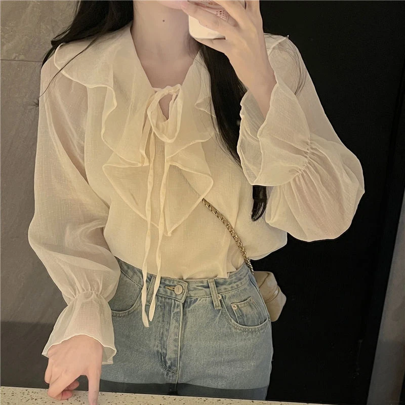 GIDYQ-Blusa coreana de meia gola aberta para mulheres, camisa de escritório para senhoras, pulôver solto, doce, todos os jogos, tops femininos chiques, sólidos, verão, novos
