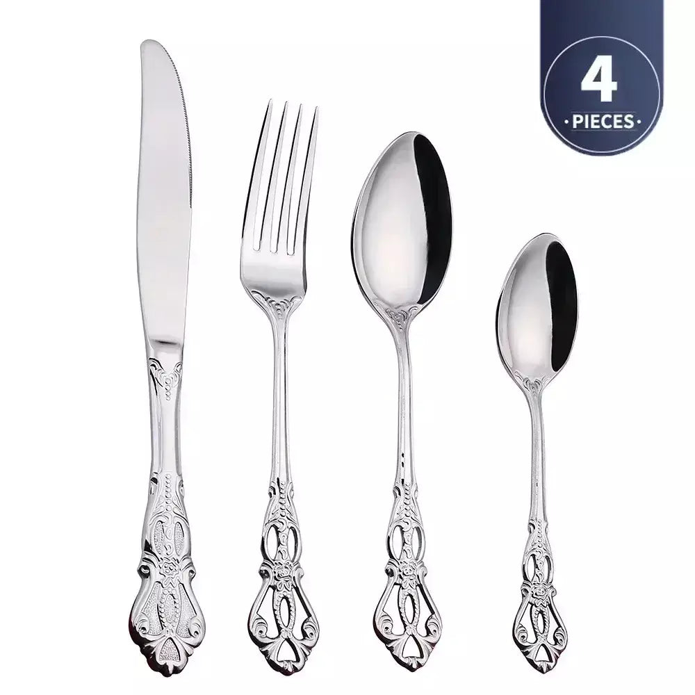 Conjunto de talheres de aço inoxidável dourado, colher europeia real, garfo, talheres completos, design retrô, seguro para máquina de lavar louça, talheres elegantes