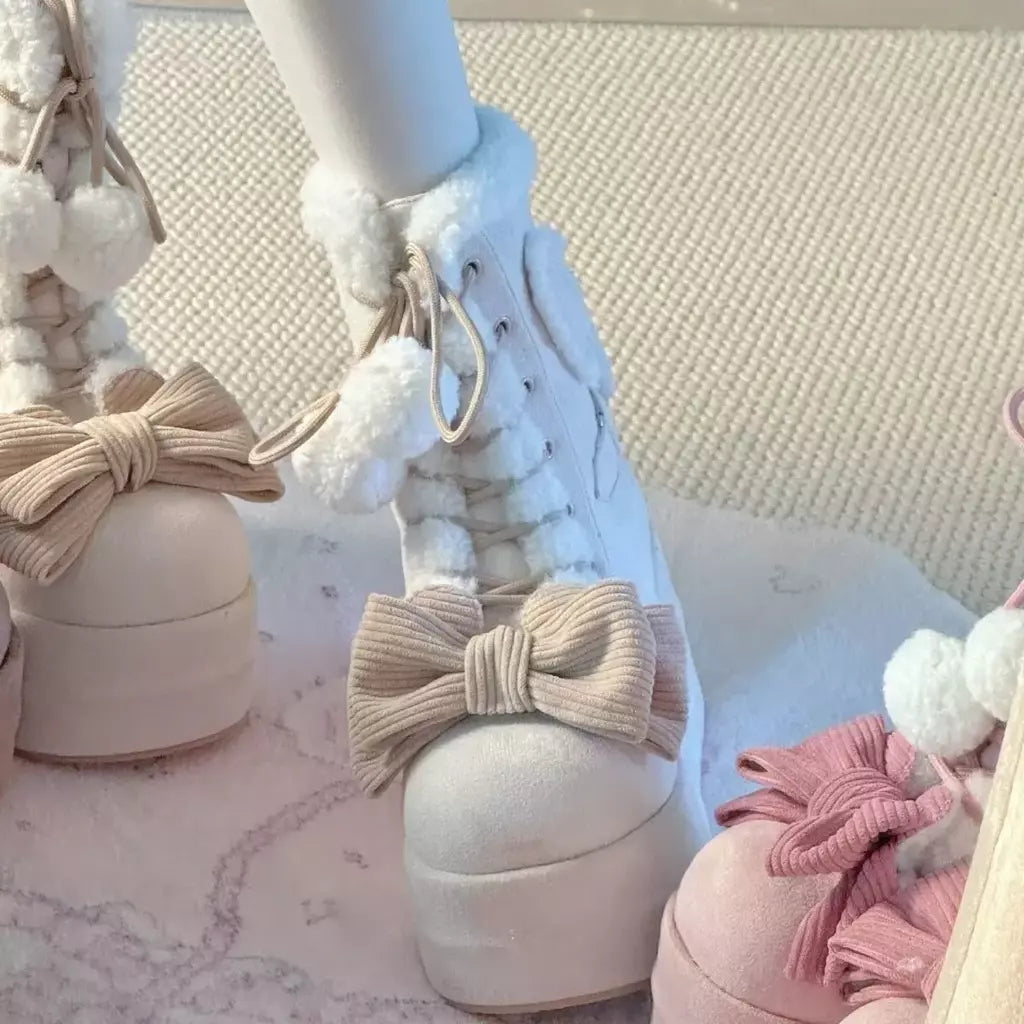 Doce inverno meninas lolita meados de bezerro botas de neve, bonito estudantes do sexo feminino pelúcia quente bowknots rendas até sapatos de salto cunha aumentando