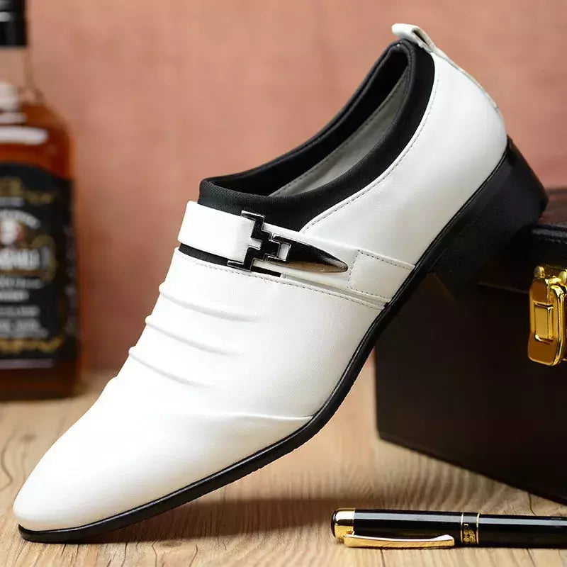 Sapato masculino clássico vestido de couro PU, deslizar, tamanho grande, ponto do dedo do pé, negócios, casual, formal, casamento