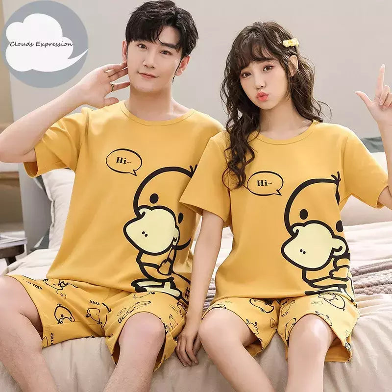 Desenhos animados pato impressão pijama conjuntos para jovens amantes, pijamas de algodão, ternos curtos para casais, moda homewear, verão, 4XL