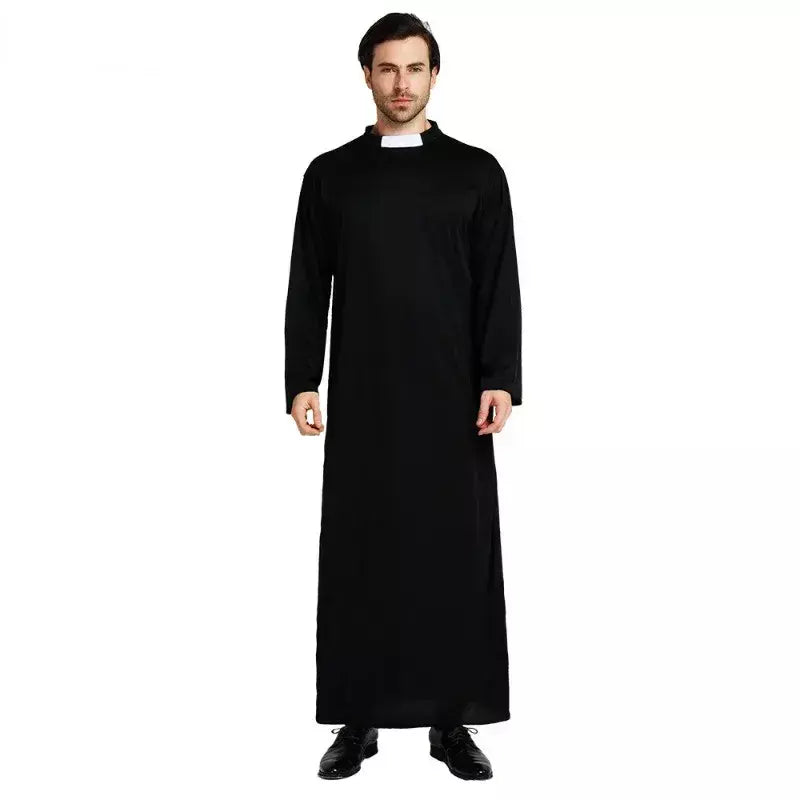 Adultos todo preto robe padrinho role play traje com cruz pastor missionários traje de halloween desempenho palco