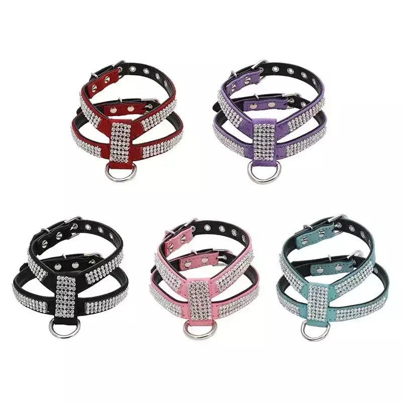 Coleira para cães, cinta peitoral ajustável, produtos para animais de estimação, coleira para cães, liberação rápida, brilhante, em forma de k, strass, couro pu