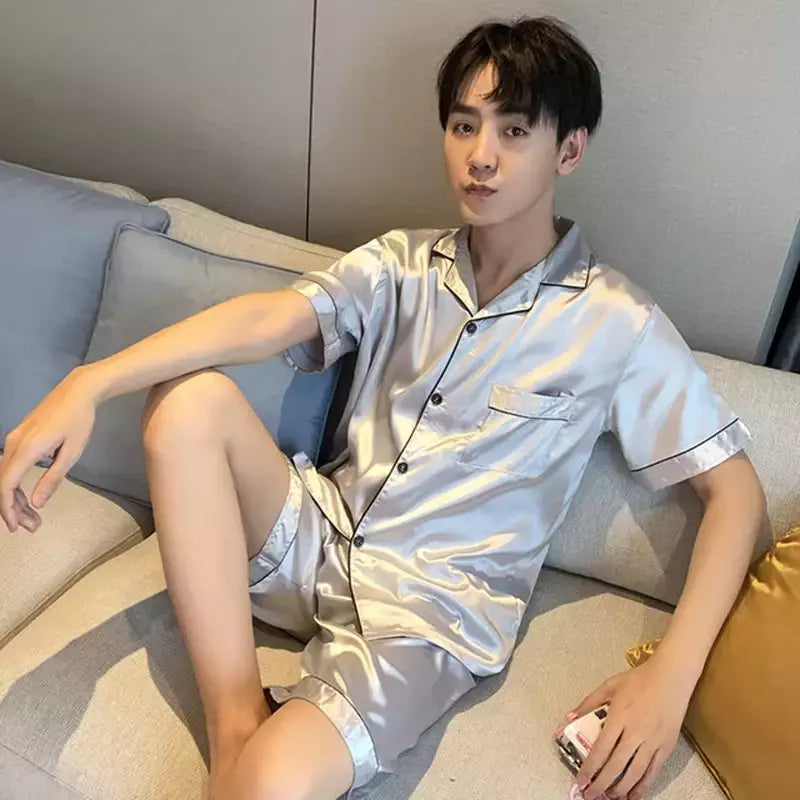 Pijama de seda gelo masculino, shorts de manga curta, roupa de manga fina, cor sólida, terno doméstico tamanho grande, várias cores disponíveis, verão