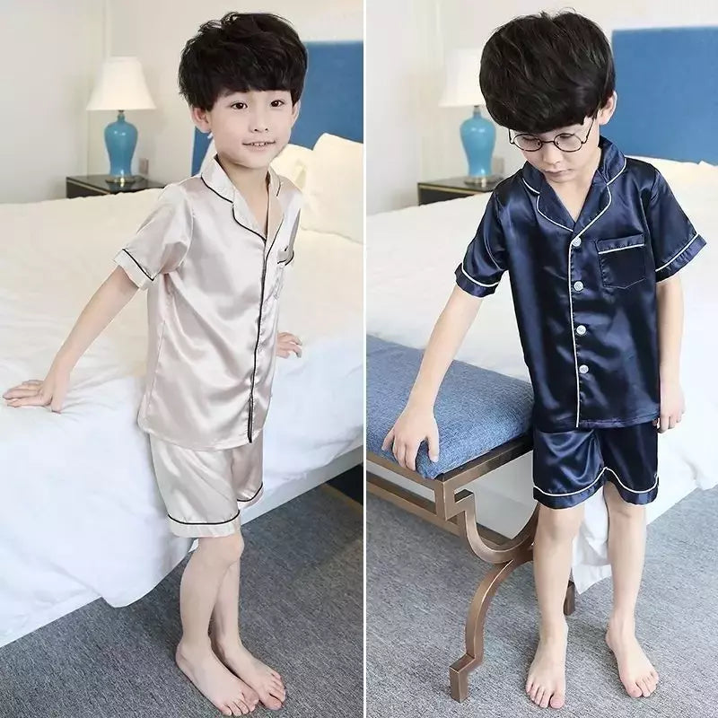 Pijama de seda menino e menina, pijama de seda infantil de 2 a 14 anos, criança pequena, pijama de seda de manga curta, pijama de seda