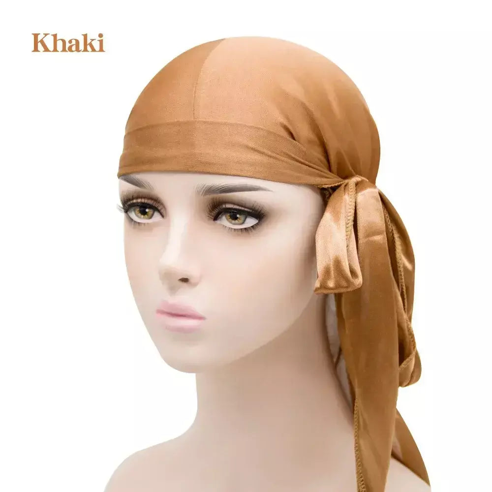 Elasticidade baotou boné faixas de cabelo simulação sedosa durag cauda longa chapéu pirata bandana turbante para crianças criança fita acessórios