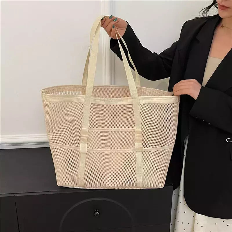 Bolsa de praia de malha portátil para mulheres, maquiagem, bolsa de lavagem, organizador de banho, Shopper Totes, verão