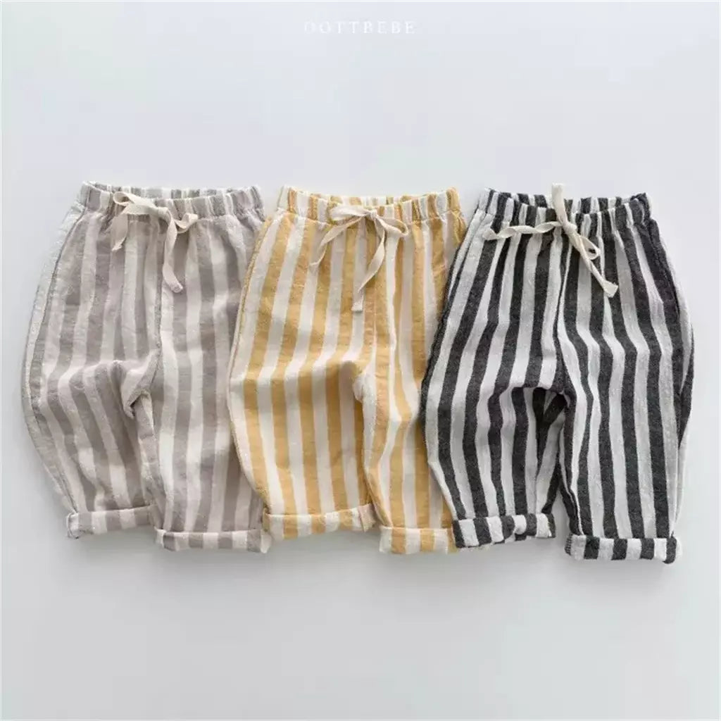 Calças listradas de algodão de linho vintage para meninos casual bolso design elásticos calças de cintura para criança menina roupas crianças