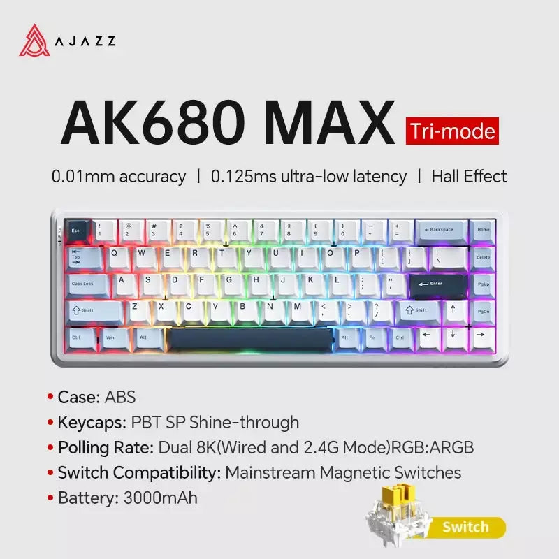 Ajazz ak680 max interruptor magnético teclado mecânico 60% gatilho rápido 0.01mm 8k/1k retorno 68 teclas com fio/sem fio gaming keybaord