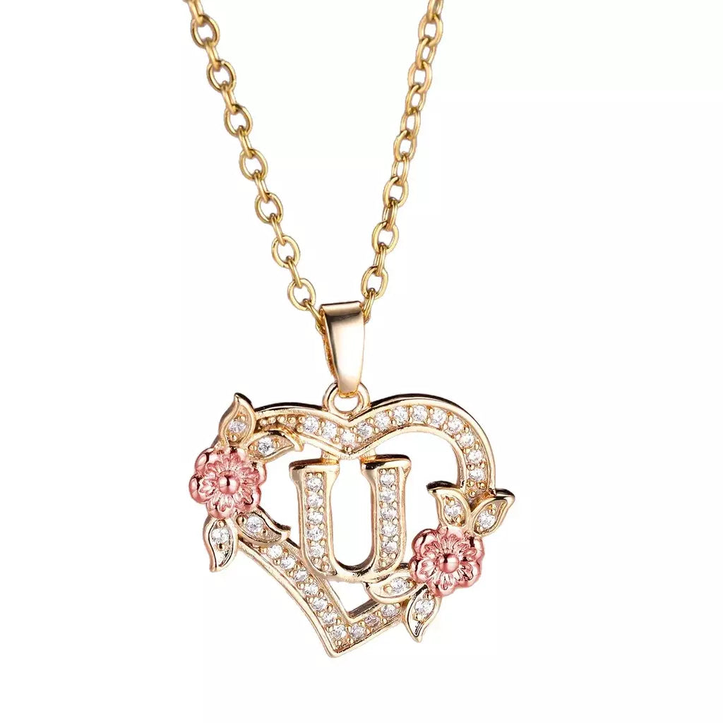 Venda quente oco amor flor 26 letras em inglês pingente de diamante senhora colar pingente personalizado moda clavícula corrente
