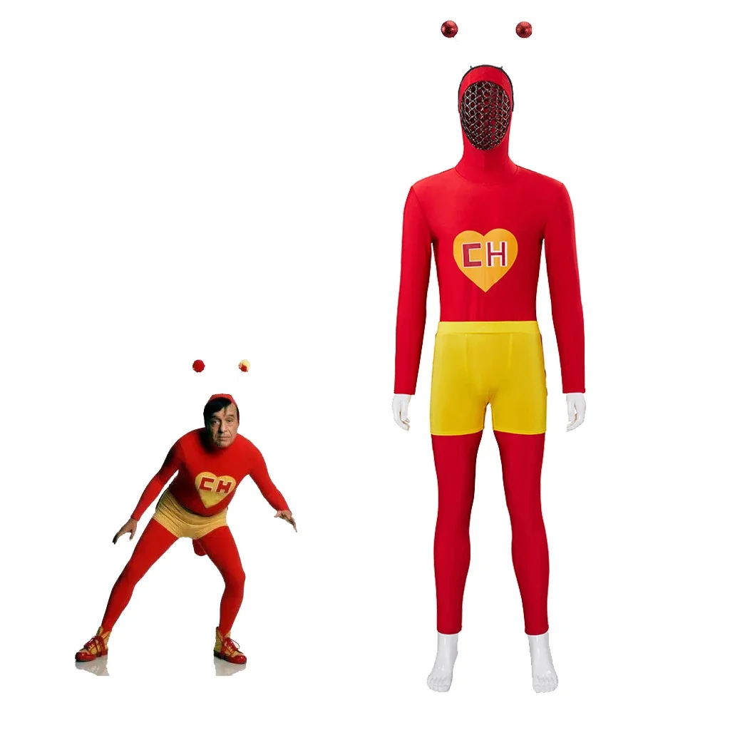 Em estoque adultos el chapulin colorado cosplay traje macacão chapulin colorado vermelho bodysuit coração impresso roupas para o dia das bruxas