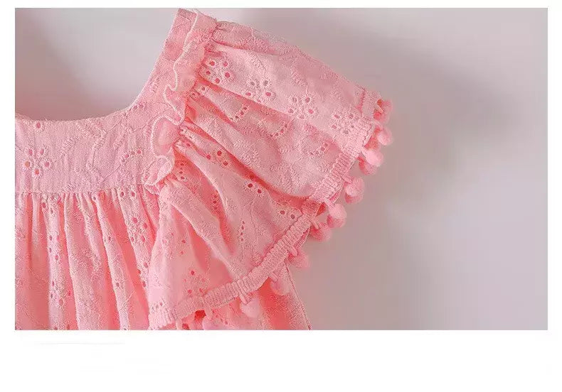 Vestido de manga pequena para criança, saia de bebê, fantasia de menina, algodão puro, borla, grande arco, festa de aniversário, 0-4 anos
