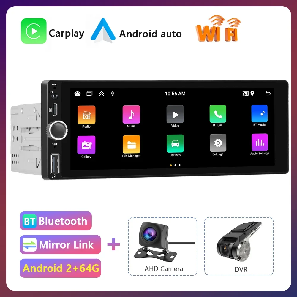 Podofo 1din android mp5 rádio estéreo do carro 6.86 "sem fio carplay android auto bluetooth receptor de rádio fm tf/usb 1din multimídia