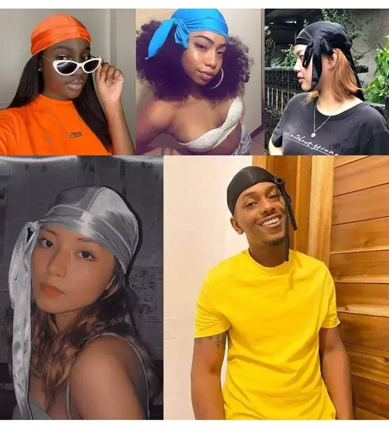 Elasticidade baotou boné faixas de cabelo simulação sedosa durag cauda longa chapéu pirata bandana turbante para crianças criança fita acessórios