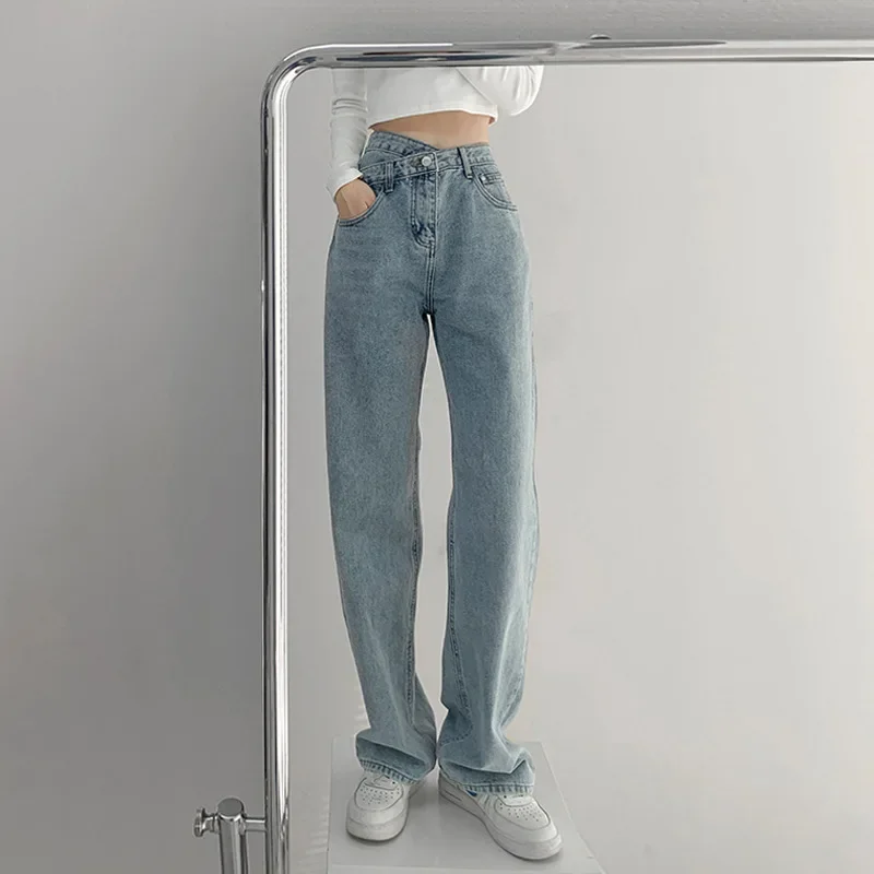 Jeans vintage drapejado de cintura alta feminino, calças de perna reta, jeans drapejado solto