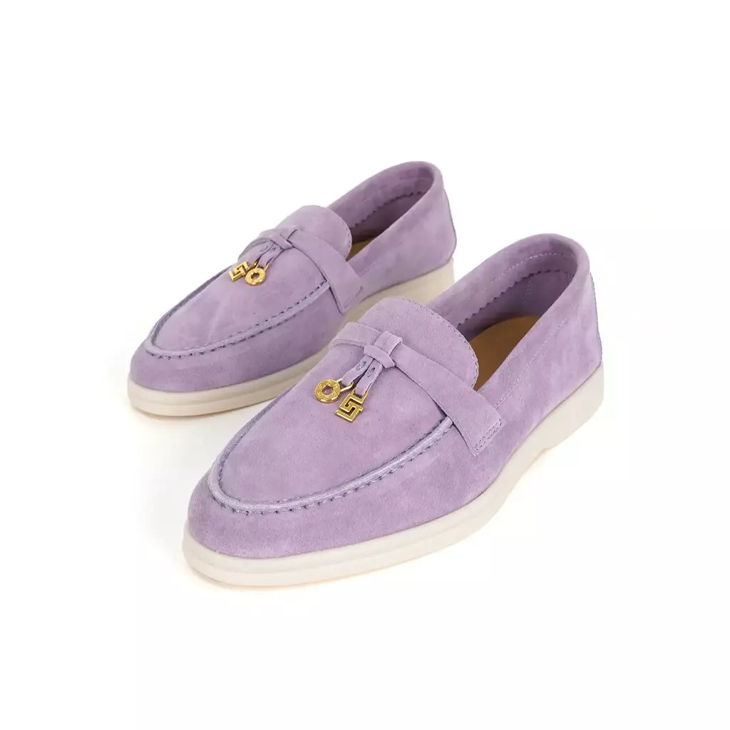 Sapatos de mula de camurça antiderrapante para mulheres, sapatos para dirigir, pingente de metal, marca de luxo, moda casual confortável, Le Fu