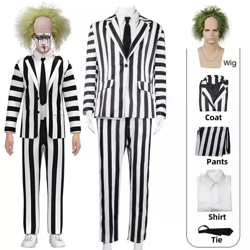 Filme suco cosplay traje preto e branco listra jaqueta camisa calça conjunto masculino adulto roupa de halloween