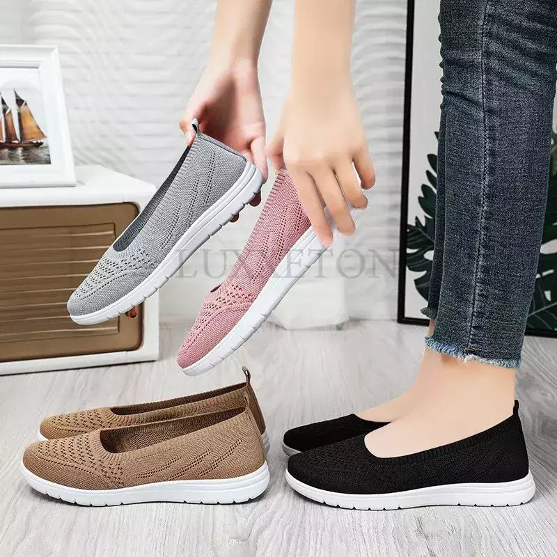 Sandálias de plataforma antiderrapante para mulheres, mocassins respiráveis, sapatos de caminhada casuais, monocromáticos, deslizantes, malha, moda, verão