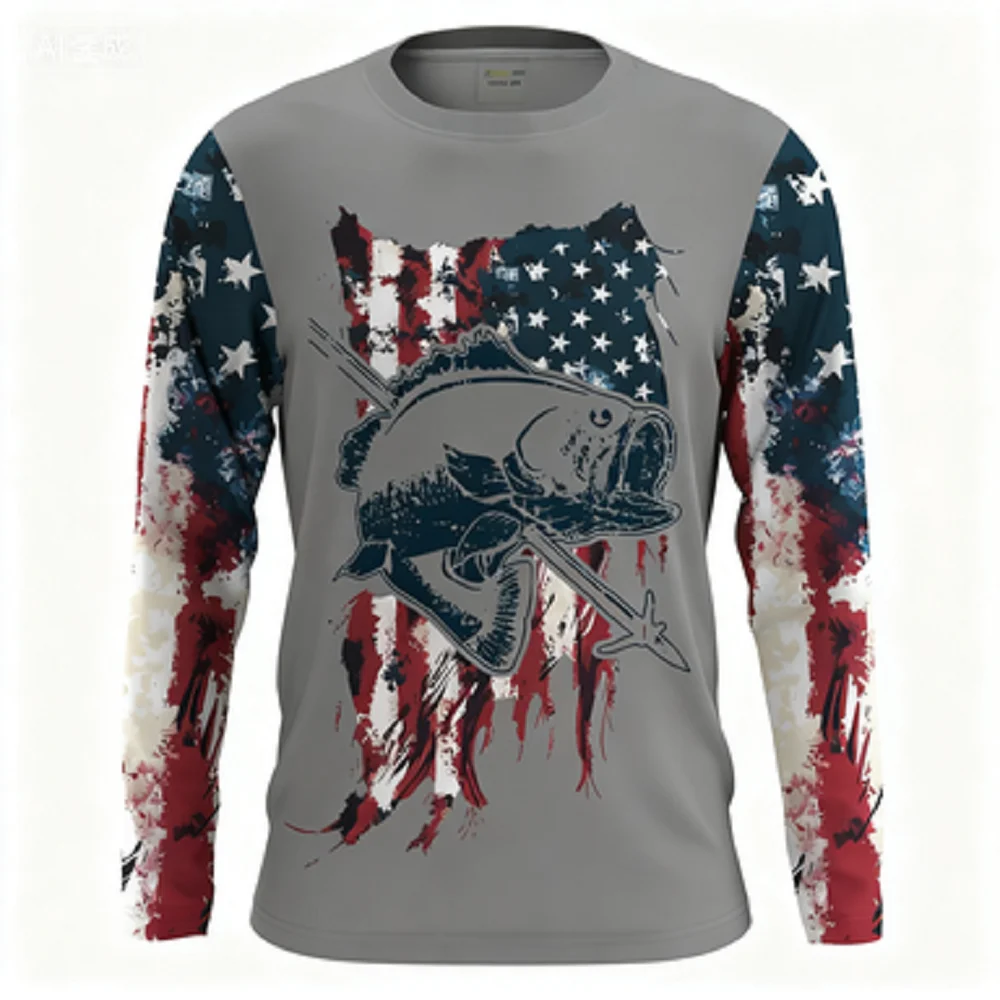 Estrelas e listras 3d impresso camiseta de pesca bandeira americana protetor solar ao ar livre respirável de secagem rápida esportes de manga comprida topos