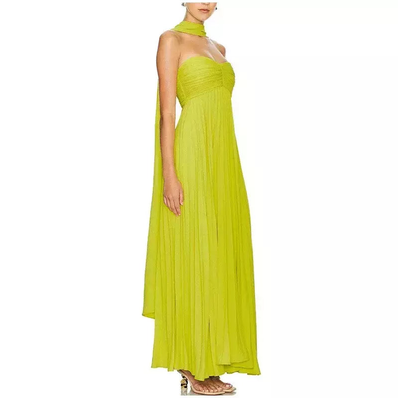 Vestido longo plissado sem alças feminino, Elegante, Sem alças, Fita, Plissado, Sexy, Sem mangas, Sem encosto, Lady, Festa à noite, Novo, Verão, 2022