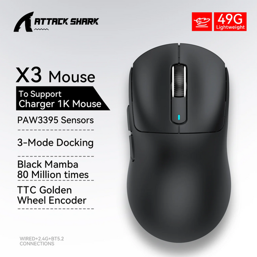 Ataque tubarão x3pro/x3 mouse sem fio, pixart paw3395, 26k dpi, luz, para jogos macro, laptop/win/mac