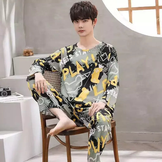 Pijama masculino de manga comprida de duas peças, pijama de seção fina, terno de lazer, tamanho grande, primavera e outono