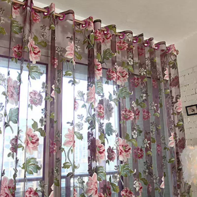 Tule Floral em Cortinas Puras, Tratamento Janela, Painel Persianas, Sala de estar, Quarto, Cozinha, Sombra, Roxo, Peônia