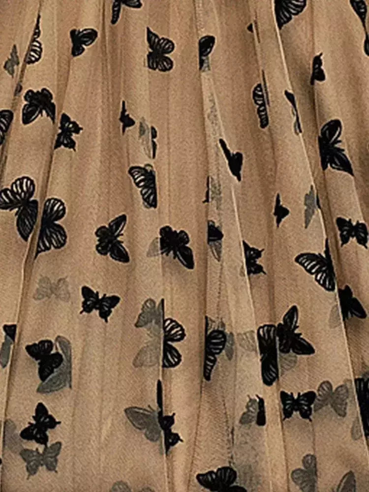 Borboleta Flocagem Tule Saia Longa Mulheres Estética Casual A Linha Elástico De Cintura Alta Midi Malha Saia Feminina Preto