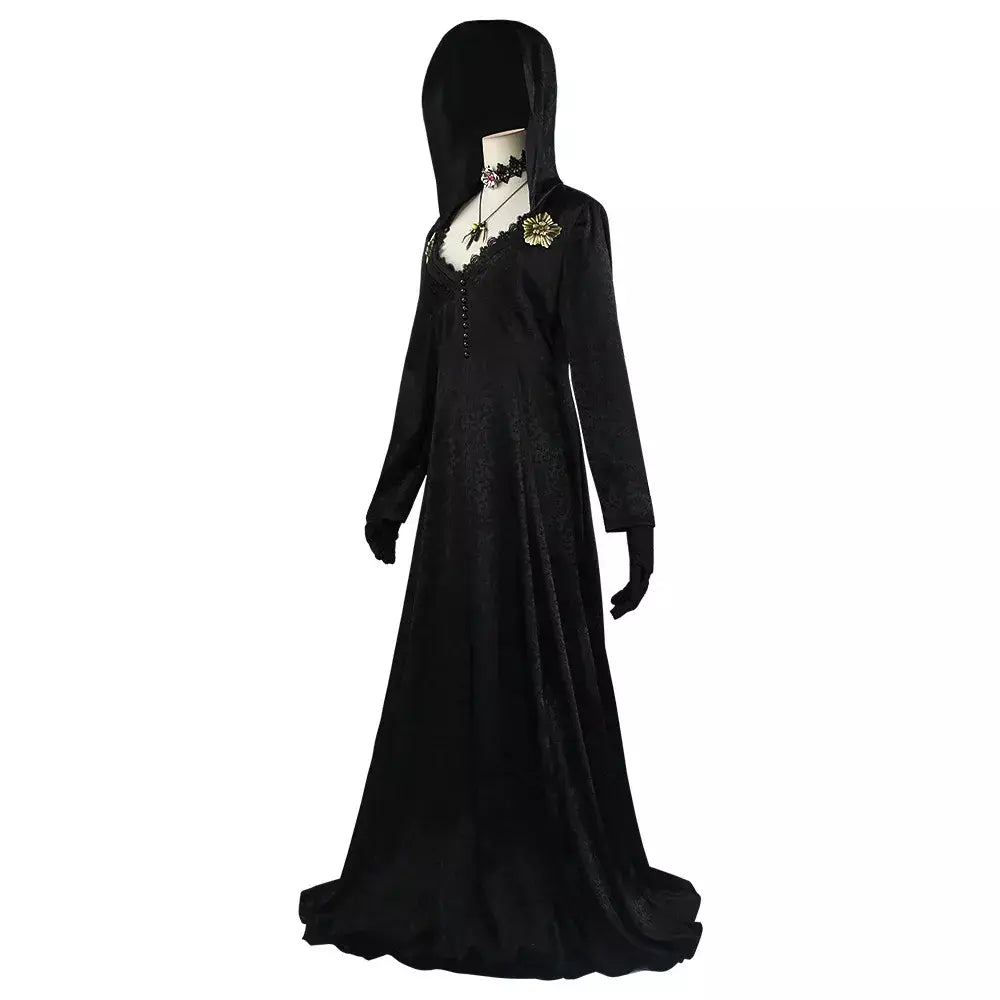 Em estoque traça senhora mal cosplay fantasia aldeia vampiro senhora dimitrescu traje feminino vestido preto halloween carnaval festa terno
