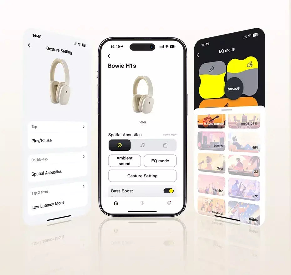 Baseus bowie h1s fones de ouvido sem fio bluetooth 5.4 cancelamento de ruído 46db sobre a orelha fone de ouvido de áudio espacial de alta resolução 120h tempo