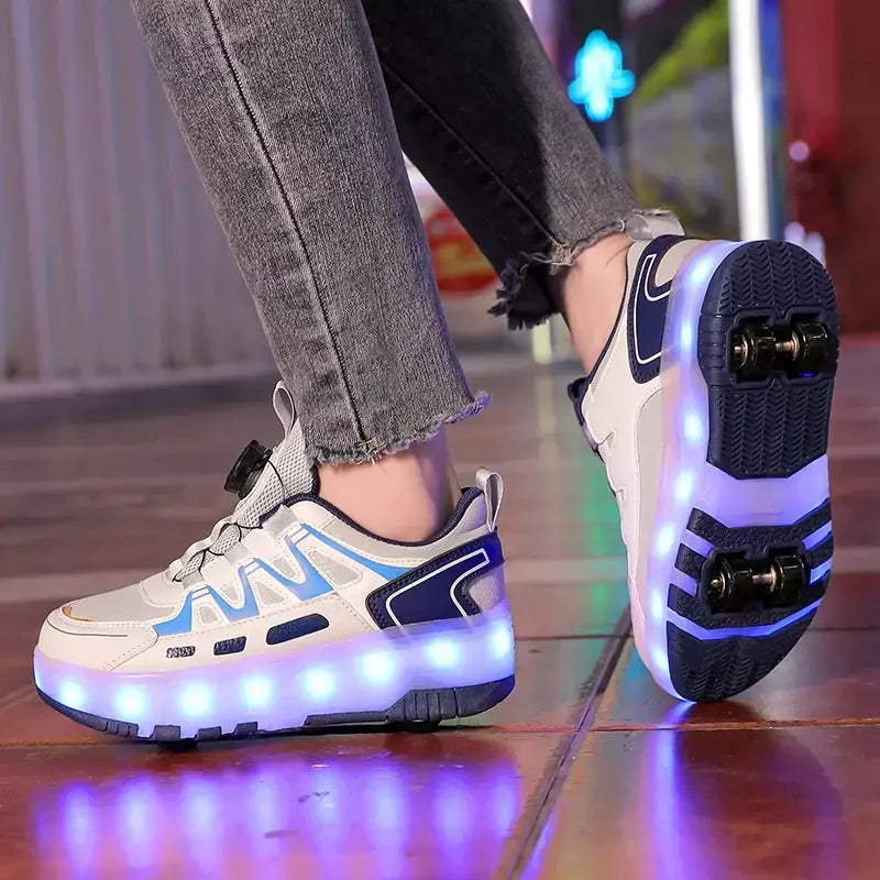 Crianças quatro rodas luminosa brilhante tênis preto rosa led luz rolo sapatos de skate crianças sapatos led meninos meninas carregamento usb
