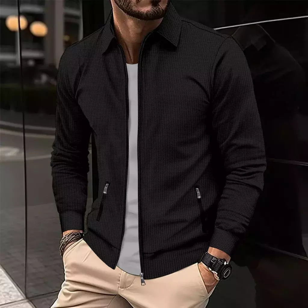 Jaqueta waffle de manga comprida masculina, monocromática, com zíper, bolso, cardigã lapela, gola polo casual, outdoor wear, primavera e outono