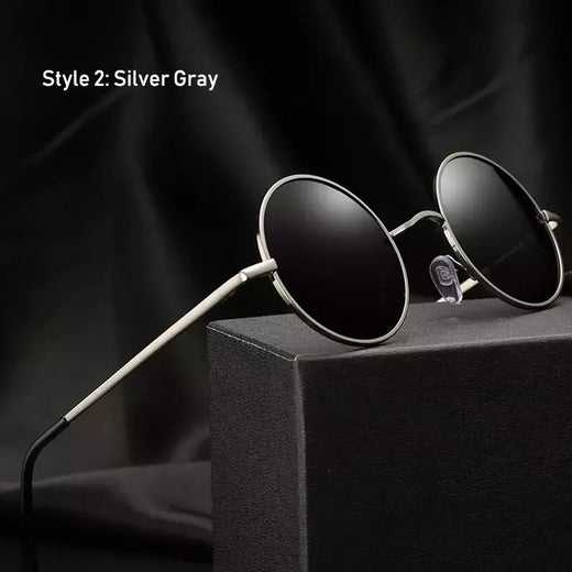 Óculos de sol polarizados redondos vintage retrô para homens e mulheres, óculos de sol designer, armação de metal, lente preta, óculos UV400, dirigindo, marca