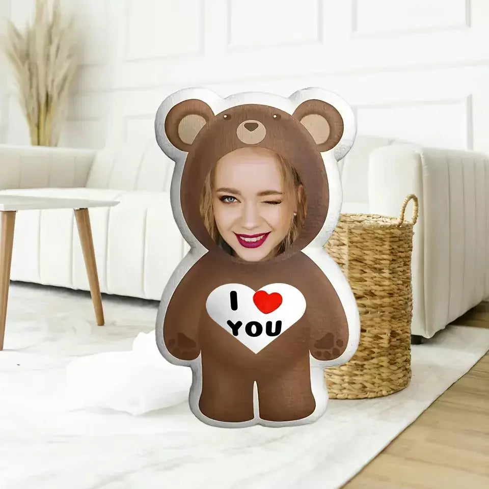 Travesseiro de urso com foto personalizada "Eu te amo" pelúcia facial presente ideal para entes queridos. Pelúcia curta macia e confortável