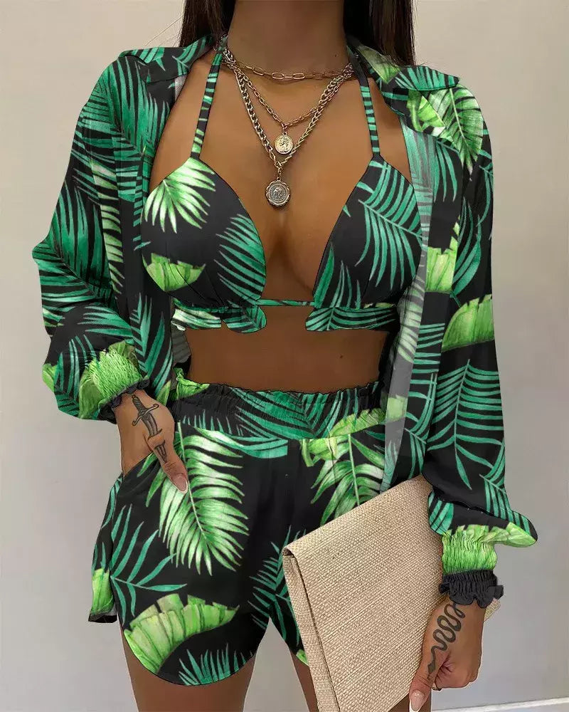 Fato de banho feminino de três peças, moda praia sexy, biquíni de cintura alta, maiô estampado, shorts para cobrir, moda praia de verão, novo 2024