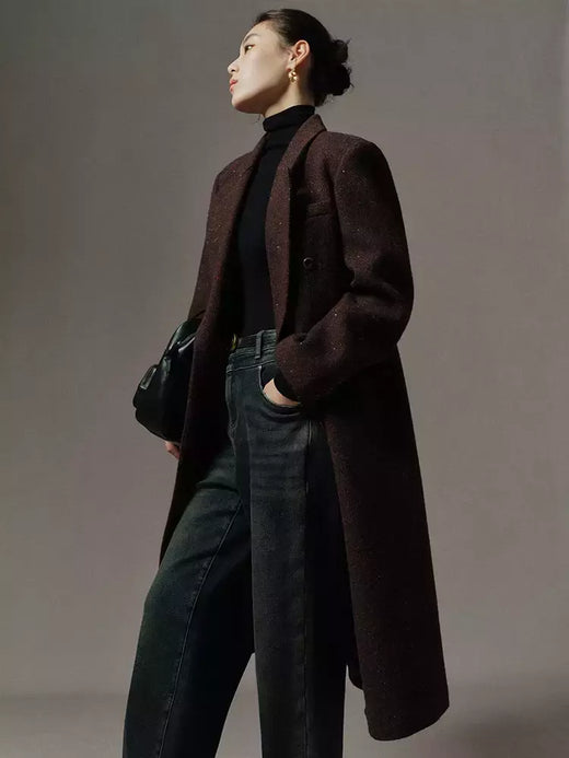 DUSHU-casaco longo de lã de peito duplo para mulheres, design chique, casaco de lã feminino, café escuro, cor marrom, sentido retrô, inverno, 2023
