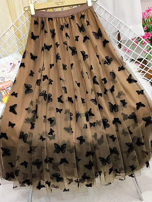 Borboleta Flocagem Tule Saia Longa Mulheres Estética Casual A Linha Elástico De Cintura Alta Midi Malha Saia Feminina Preto