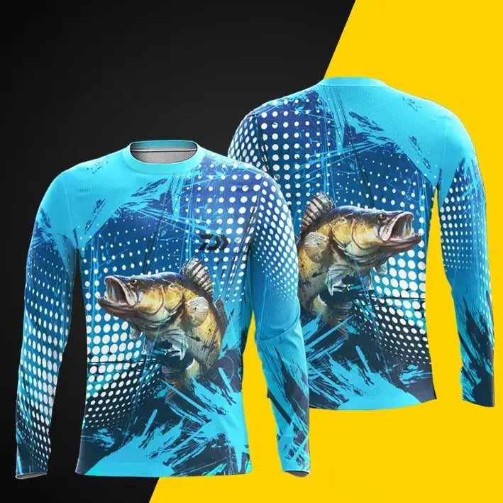 Camiseta de pesca de manga comprida masculina, 3D Fish Pattern, Casual e elegante, gola redonda, camisa extragrande, ao ar livre, novo