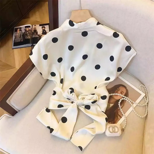 Blusas sem mangas de bolinhas para senhora, estilo francês, laço com renda, decote em v, tops sedosos, roupas elegantes de escritório, verão, novidade, 2022