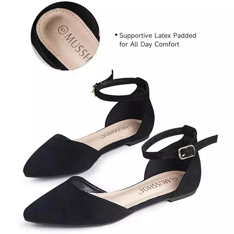 Sapatos baixos D'Orsay Pointed Toe para mulheres, Ankle Strap Flats, 9242