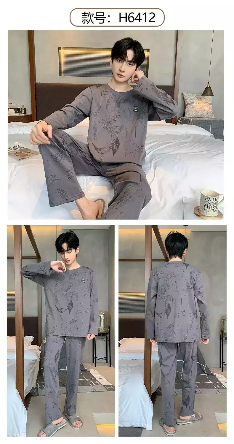 Pijama de algodão de duas peças masculino, calça de manga comprida, traje caseiro, estudante e adolescente, novo outono