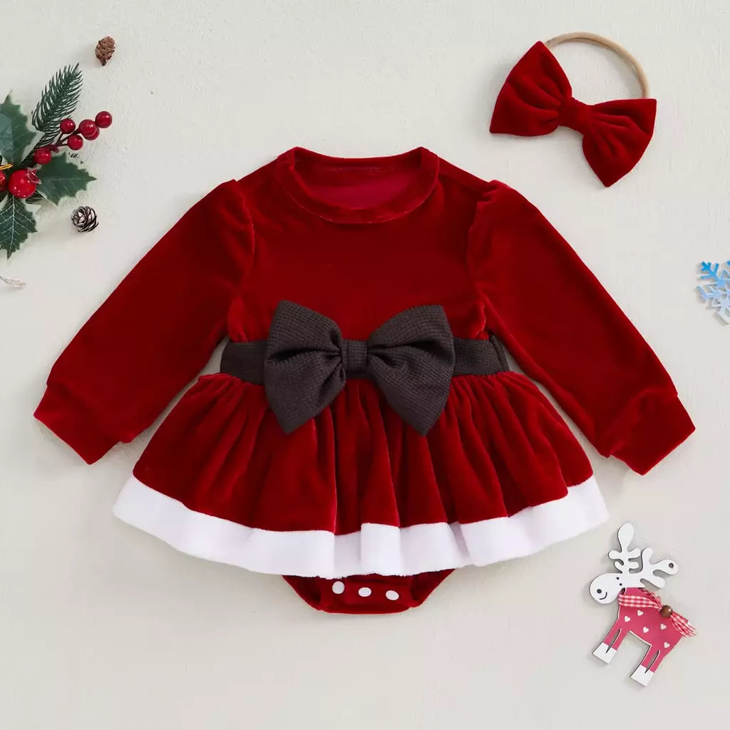 MISOWMNJOY-Romper de veludo com bowknot para bebês, vestido de festa de Natal, roupas recém-nascidas, macacão de manga comprida