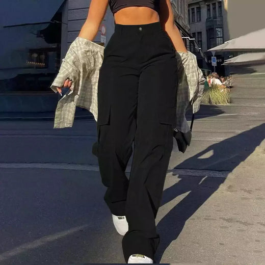 Calça de perna larga feminina, bolso com aba de rua, detalhes da fivela lateral, calças paraquedas hip hop, moda Y2K