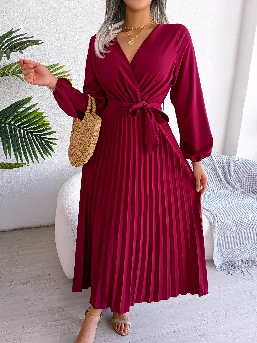 Elegante V Neck manga comprida das mulheres plissado vestido Maxi
