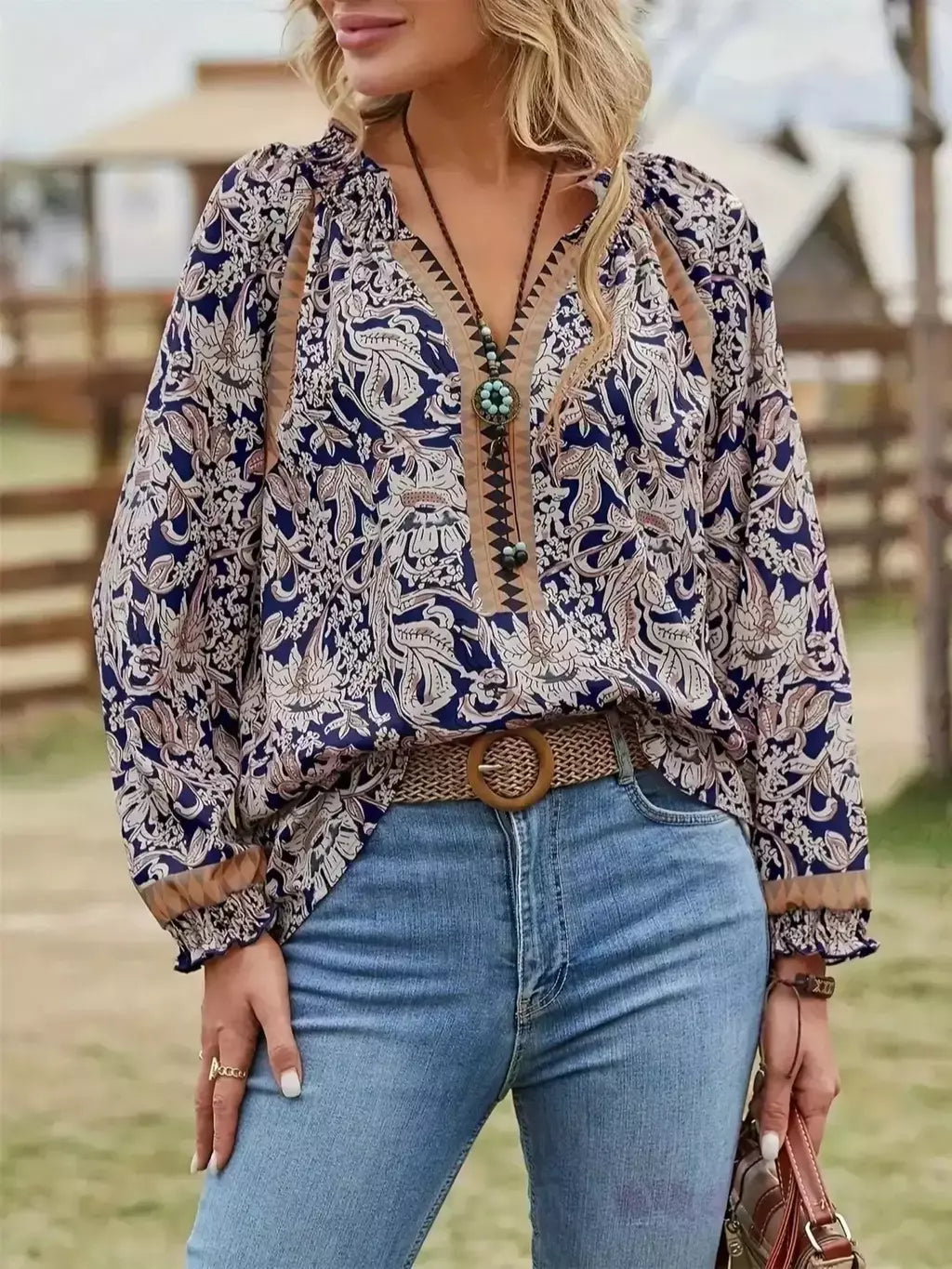 Blusa de manga comprida boêmia feminina, túnica primavera e outono