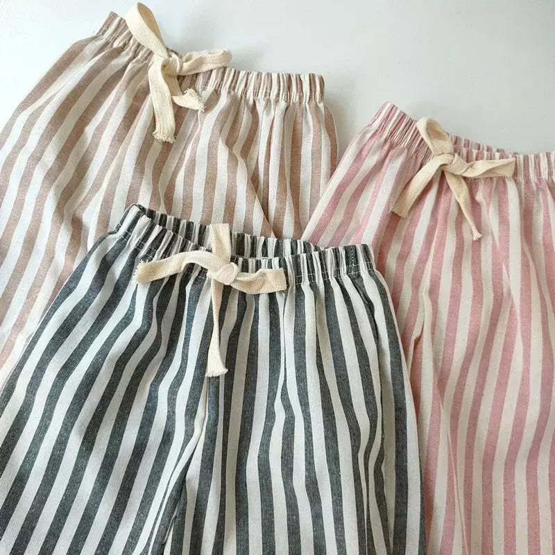 Primavera verão meninos listrado calças soltas bebê menina vintage casual linho algodão harlan calças crianças rendas-up calça crianças roupas