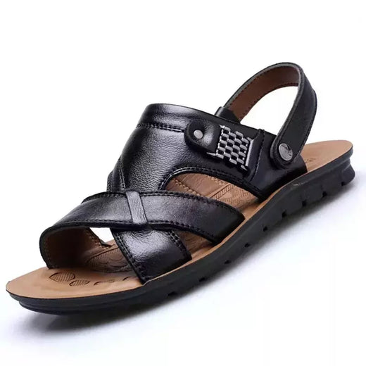 Sandálias masculinas de couro tamanho grande, sapatos clássicos de verão, chinelos romanos macios, calçado confortável para caminhadas ao ar livre