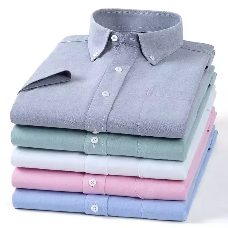 Camisas de manga curta masculina, camisas finas masculinas, blusa social e empresarial, camisa Oxford monocromática de alta qualidade, 100% algodão, verão